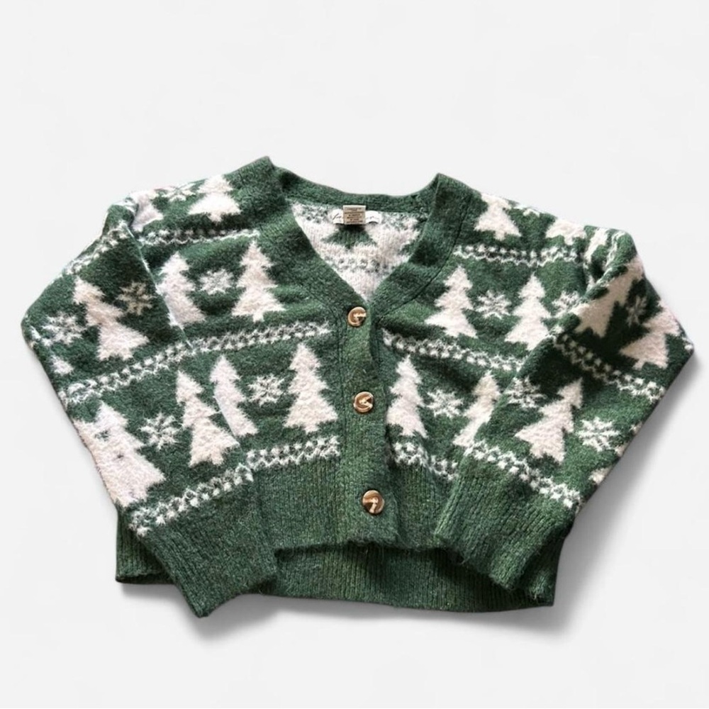 Green and White Women's Cardigan Sweater